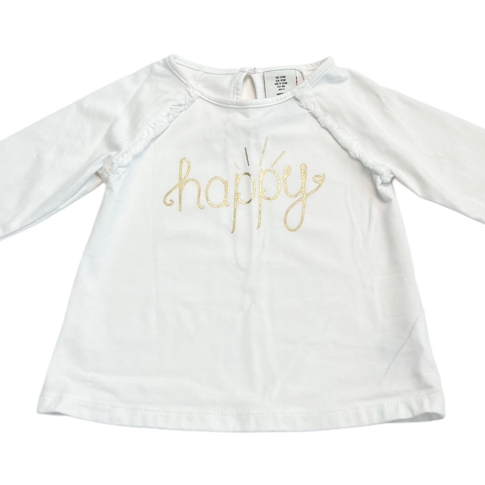 ⚡️4/$20⚡️Gold 'Happy' White Long Sleeve Shirt w/Fringe Design BABY Girl 12 MTH